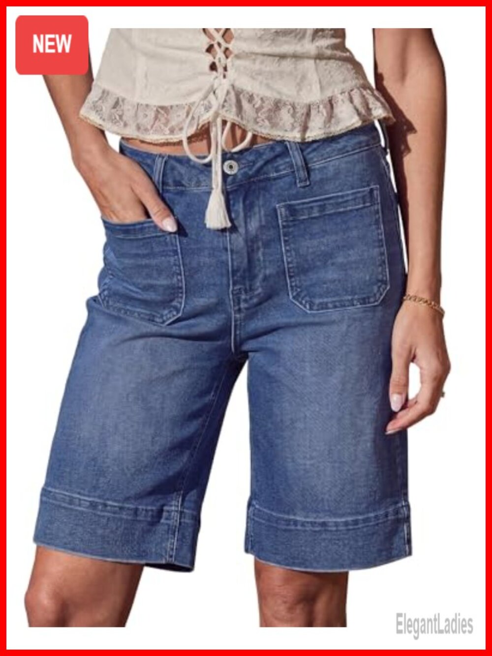 High Rise Denim Bermuda Shorts for Women with Pockets 10in Inseam Casual Summer